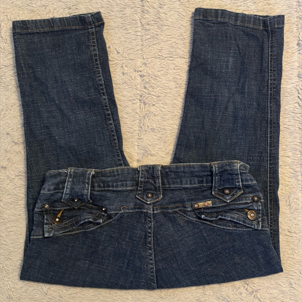 C’est-Toi Premium Y2K Denim Blue Cropped Jeans w/ Stretch & Rhinestone Buttons - Picture 2 of 14